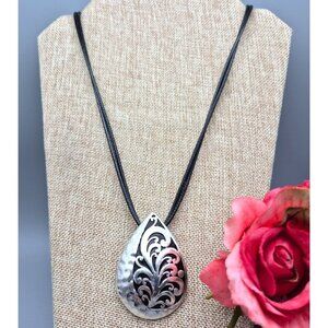 Black Double Cord Necklace Silver Tone Teardrop Pendant Swirl Pattern 32"